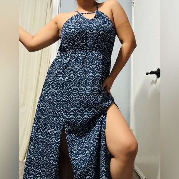 BP Women Blue Halter Elegant Summer Slit Maxi Dress Size M Elastic Waist Band - Picture 3 of 17